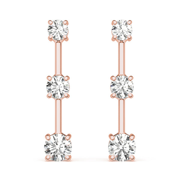 14K Rose Gold Round Diamond Three Stone Earrings