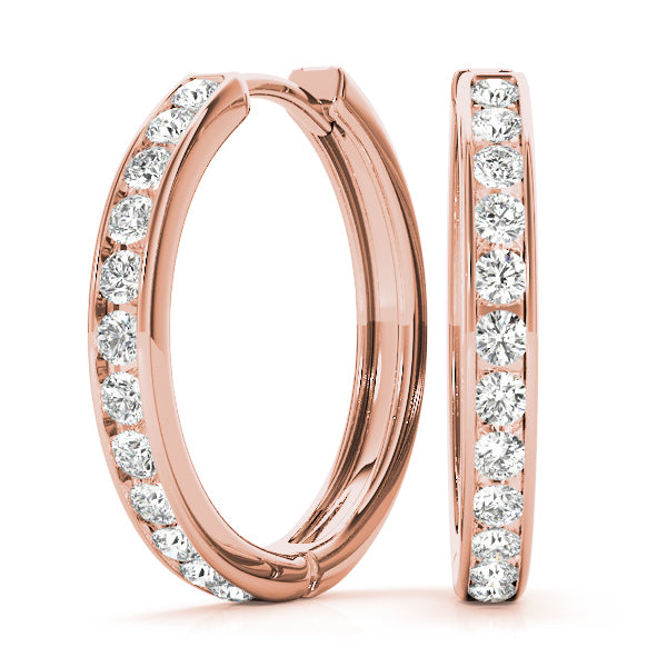 14K Rose Gold Round Diamond Hoop Earrings