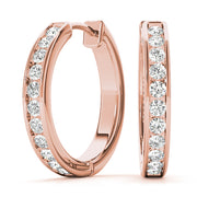 14K Rose Gold Round Diamond Hoop Earrings