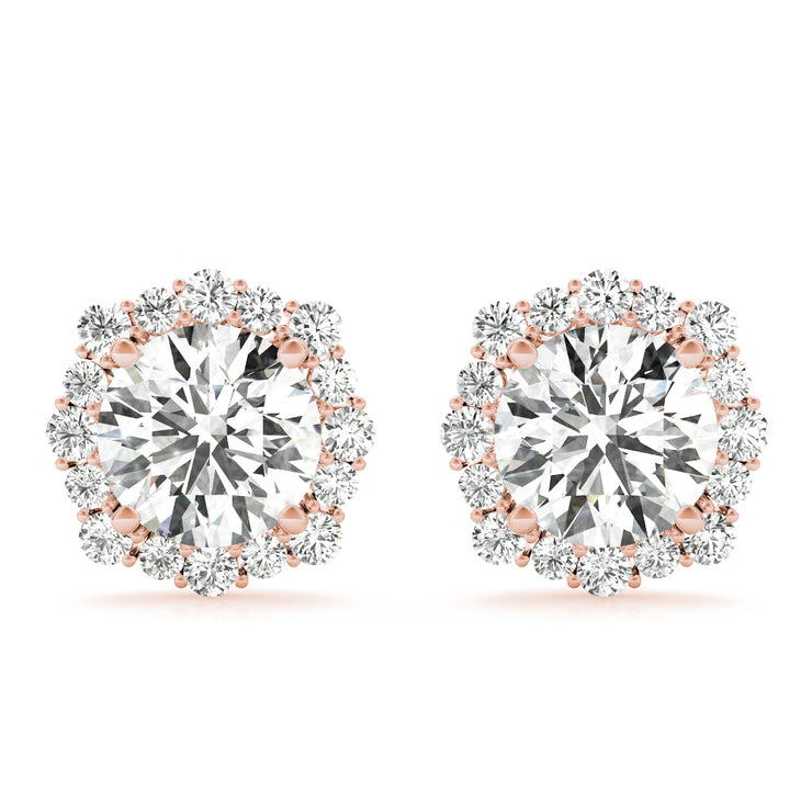 14K Rose Gold Round Diamond Halo Earrings
